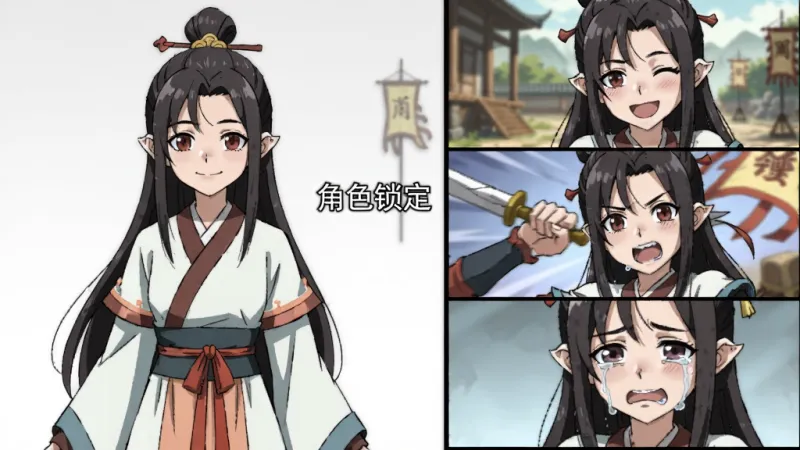 AI漫剧制作角色一致性锁定功能演示,画面左侧是一个古风少女角色设定图,右侧是同一角色在不同场景下微笑、战斗、哭泣的三个分镜画面,角色面部特征高度统一,风格为二次元赛璐璐,画质清晰干净,包含文字“角色锁定