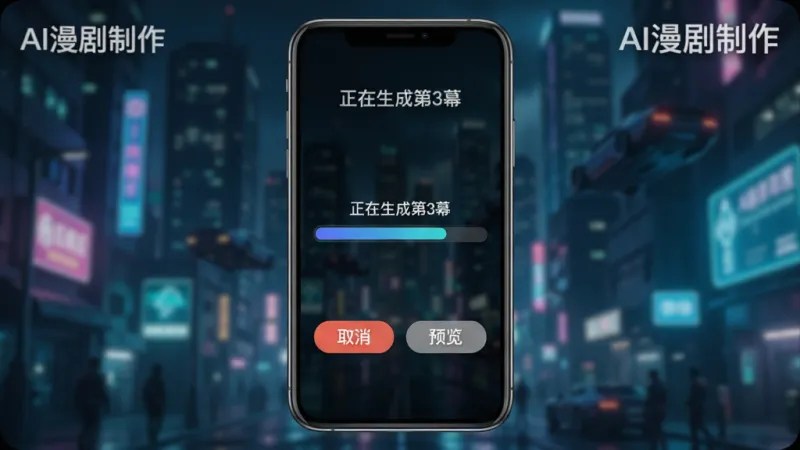 AI漫剧制作视频生成进度界面,画面中是一个手机屏幕,屏幕上显示着“正在生成第3幕”的进度条,背景是模糊的赛博朋克城市夜景,进度条下方有取消和预览按钮,界面简洁现代,画质干净,包含文字“AI漫剧制作