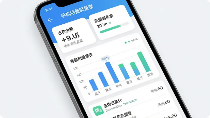 手机应用商店展示风格截图，主体是一部智能手机，屏幕显示“手机话费流量查”应用主界面，顶部卡片显示话费余额和流量剩余进度条，中间是套餐用量柱状图，底部为查询记录列表。布局清晰，排版简洁，风格为现代扁平化设计，细节圆润，画质高清，干净无多余元素。