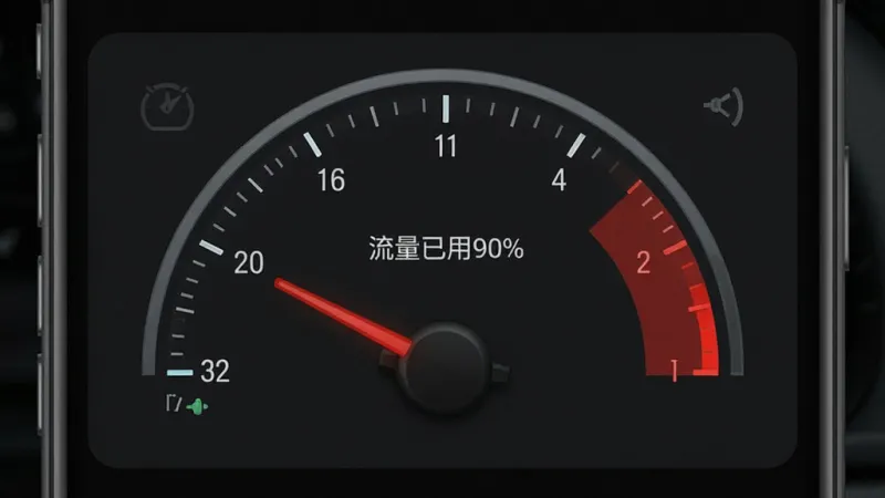 手机界面展示流量监控仪表盘，主体是一个类似汽车油表的半圆形仪表，指针指向红色预警区域，旁边显示“流量已用90%”的文字提示，背景是暗色模式，布局清晰，排版直观，风格写实，细节有刻度线和数字，画质干净无多余元素。