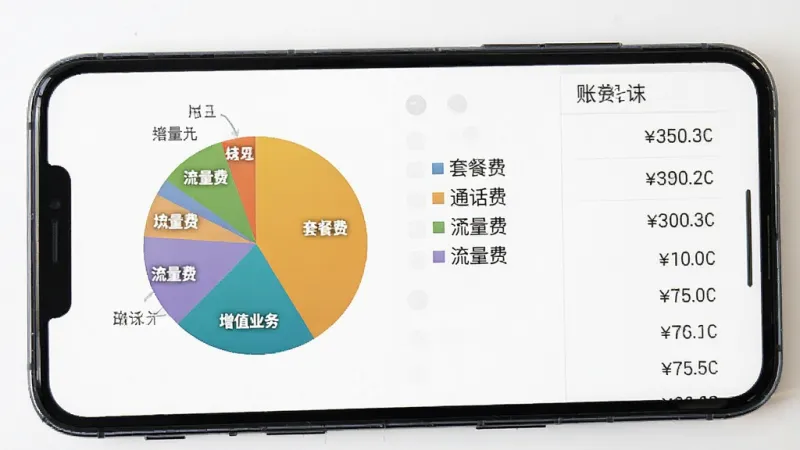手机屏幕显示一个饼状图账单分析界面，饼图分为不同颜色区块代表“套餐费”、“通话费”、“流量费”、“增值业务”，旁边有对应的金额数字列表。布局左右分栏，排版整齐，风格商务简洁，细节清晰，画质干净无多余元素。