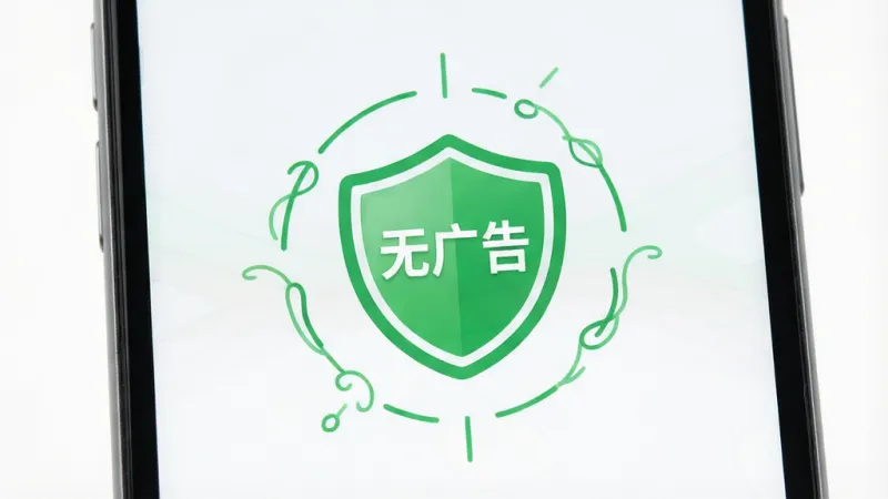 手机屏幕显示一个干净的应用界面，界面中央有一个绿色的盾牌图标，盾牌上写着“无广告”三个字，周围是简洁的线条装饰。布局居中对称，排版极简，风格清新，细节圆润，画质干净无多余元素。