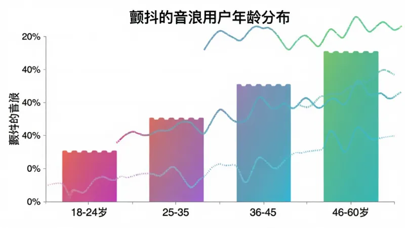 一张柱状图,展示“颤抖的音浪”用户年龄分布,横轴为年龄段18-24岁、25-35岁、36-45岁、46-60岁,纵轴为用户占比,柱子颜色为渐变色,图表标题为“颤抖的音浪用户年龄分布”,风格简洁清晰,画质干净,无多余元素