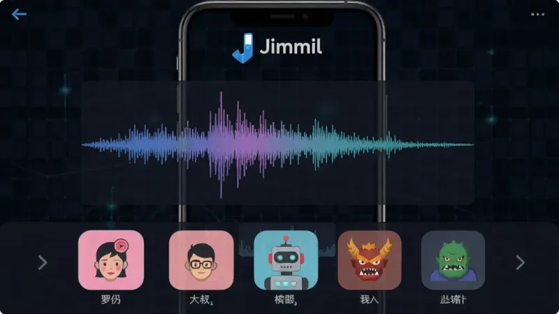 Jimmil软件主界面全貌展示，手机屏幕中央显示实时变声波形图，下方排列着萝莉、大叔、机器人、怪兽等音效图标，背景是深色科技感网格，顶部有Jimmil的logo标识，界面干净整洁，风格现代扁平化，画质清晰无多余元素