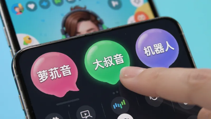 Jimmil实时变声功能界面特写，展示音效选择面板，画面中有多个彩色音效气泡，气泡上写着萝莉音、大叔音、机器人等字样，一个手指正在点击其中一个气泡，背景是手机游戏语音聊天的模糊画面，风格活泼明快，画质干净