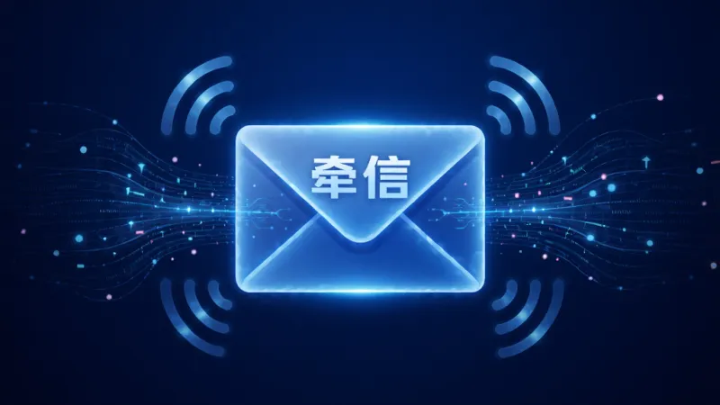 一张科技感风格的插画，画面主体是一个发光的信封图标，信封上写着“牵信”二字，信封周围有流动的数据线条和信号波纹，象征着消息的稳定传输，背景是深蓝色渐变，整体布局居中对称，风格现代科技感，细节精致，画质干净无多余元素