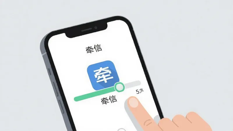 一张手机操作示意图风格的插画，画面中一部手机正在安装一个名为“牵信”的应用，手机屏幕上显示安装进度条和“牵信”图标，旁边有手指点击屏幕的动作，背景是浅灰色，整体布局简洁明了，风格现代扁平化，细节清晰，画质干净无多余元素