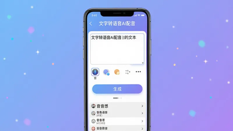 文字转语音AI配音软件主界面展示，画面中央是一部智能手机，手机屏幕显示软件操作界面，顶部标题栏写着“文字转语音AI配音”字样，中间是文本输入框和音色选择按钮，底部是生成按钮和音色列表，背景是柔和的蓝紫色渐变，风格简洁现代，整体布局清晰，画质干净无多余元素