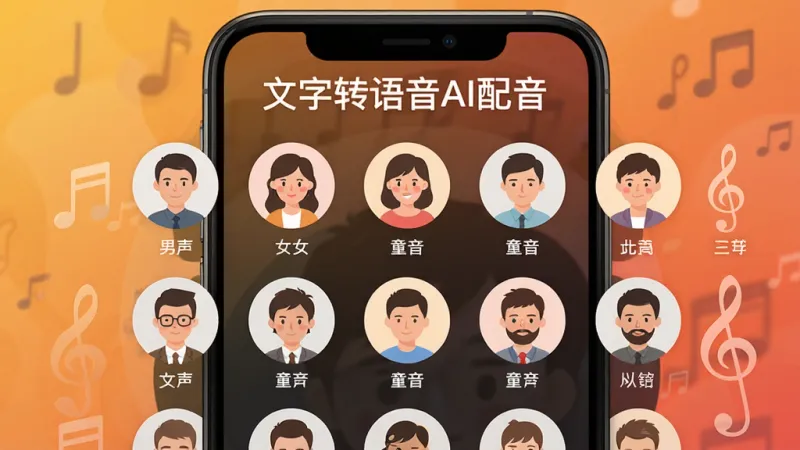 文字转语音AI配音软件音色选择界面，画面中一部手机屏幕显示一排排圆形头像图标代表不同音色，有男声女声童声等选项，界面顶部写着“文字转语音AI配音”文字，背景用暖色调渐变，风格扁平化设计，布局整齐，画质清晰干净