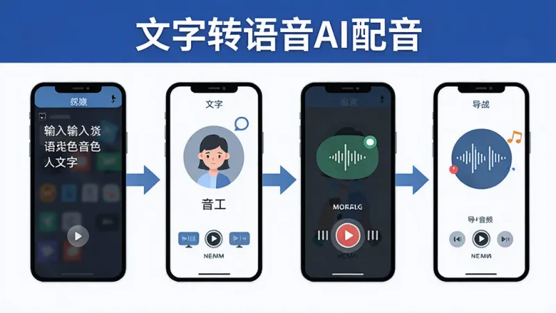 文字转语音AI配音软件操作步骤示意图，画面展示手机屏幕从输入文字到选择音色再到点击生成最后导出音频的四个步骤，每个步骤用箭头连接，顶部有“文字转语音AI配音”文字，风格扁平化信息图，布局清晰，画质干净
