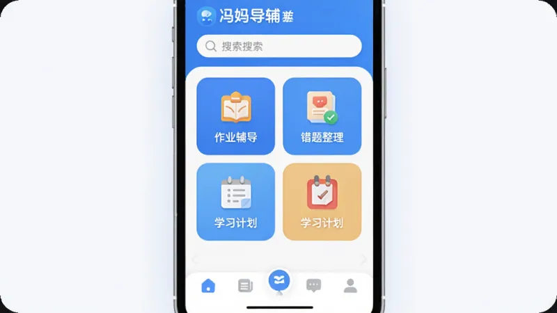 手机屏幕竖屏展示,中央是“冯妈导辅”APP主界面,蓝白配色,顶部有搜索栏,中间是功能卡片式布局,显示“作业辅导”“错题整理”“学习计划”等图标,底部有导航栏,背景干净整洁,扁平化设计风格,细节圆润,画质清晰,无多余元素
