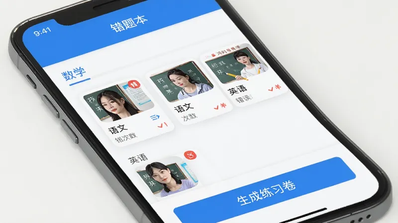 手机屏幕展示“冯妈导辅”APP的错题本界面,顶部显示“错题本”标题,下方按数学、语文、英语分类排列错题卡片,每张卡片上有题目缩略图和错误次数标记,底部有“生成练习卷”按钮,界面清爽,蓝白配色,扁平化风格,画质干净,无多余元素