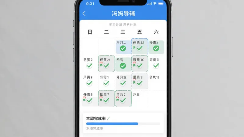 手机屏幕显示“冯妈导辅”APP的学习计划界面,日历视图上标注了每天的任务完成情况,已完成的任务打勾,下方有进度条显示本周完成率,界面干净无广告,蓝白配色,扁平化设计,画质清晰,无多余元素