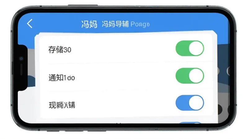手机屏幕展示“冯妈导辅”APP的权限设置界面,显示存储、相机、通知等权限开关,其中存储权限已打开并标绿,界面简洁,蓝白配色,扁平化设计,画质干净,无多余元素