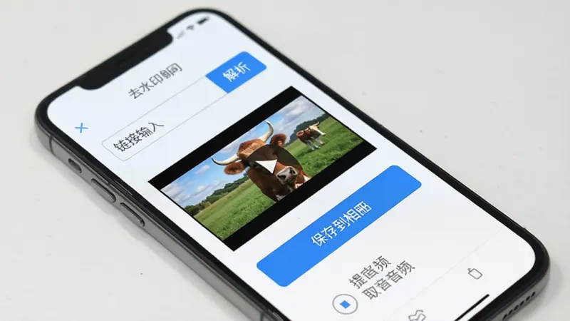 作品牛 去水印功能界面 手机屏幕显示 链接输入框 解析按钮 视频预览缩略图 保存到相册按钮 提取音频选项 界面干净 蓝色按钮 扁平设计 画质清晰 无杂乱元素
