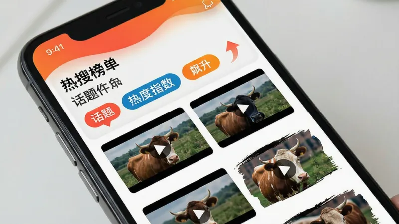 作品牛 热点追踪界面 手机屏幕显示 热搜榜单 话题标签 热度指数 飙升箭头 视频缩略图 列表排列 配色醒目 布局清晰 画质干净 无多余元素