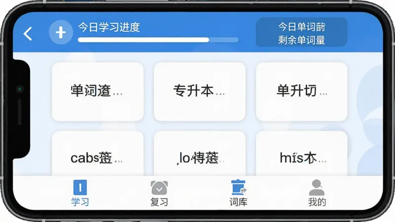 专升本单词通 手机应用主界面 简洁蓝白配色 顶部显示今日学习进度和剩余单词量 中间是单词卡片展示区 底部为学习、复习、词库、我的四个标签栏 扁平化设计 画质清晰 干净无多余元素