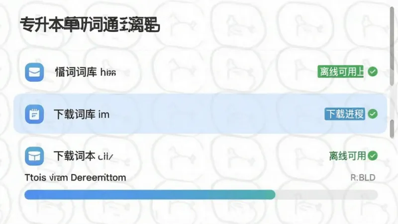 专升本单词通 离线下载管理界面 展示已下载词库列表和下载进度条 标注离线可用状态 界面简洁 图标清晰 干净无多余元素