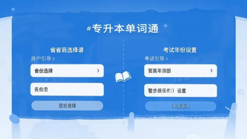专升本单词通 新用户引导界面 展示省份选择和考试年份设置 界面简洁 步骤清晰 蓝白配色 干净无多余元素