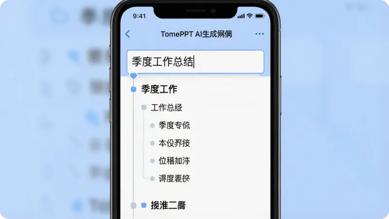 一张展示TomePPT AI生成大纲功能的界面截图，手机屏幕中央显示输入框写着“季度工作总结”，下方弹出结构清晰的大纲列表，包含标题和子项，背景是柔和的蓝色调，界面干净，文字清晰可见，风格扁平化，画质干净无多余元素