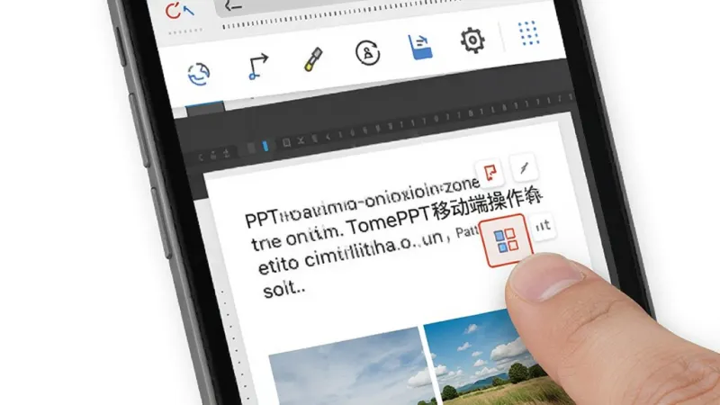 TomePPT移动端操作界面展示，手机屏幕显示PPT编辑页面，上方有工具栏，下方有文字和图片元素，手指正在点击排版按钮，背景是简洁的白色，界面清晰，风格现代扁平，画质干净无多余元素