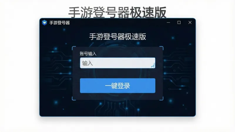 一张展示手游登号器极速版软件主界面的图片,画面中心是软件的主界面UI,布局简洁清晰,顶部有软件名称“手游登号器极速版”,中间是账号输入框和醒目的“一键登录”按钮,背景是深色科技感风格,点缀着微弱的蓝色光效,风格现代扁平,细节精致,画质干净无多余元素