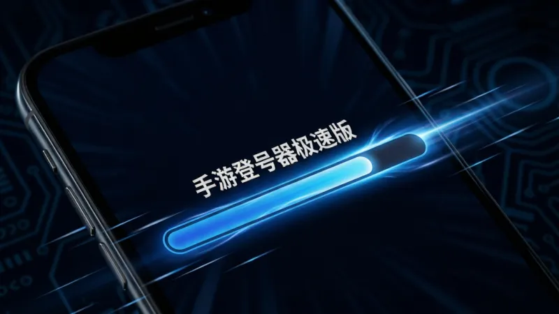 一张展示手游登号器极速版正在执行一键登录过程的图片,画面主体是手机屏幕特写,屏幕中央显示“手游登号器极速版”的登录进度条正在飞速加载,进度条呈现蓝色流光效果,周围环绕着代表速度的线条,背景是深色,风格科技动感,画质清晰无多余元素