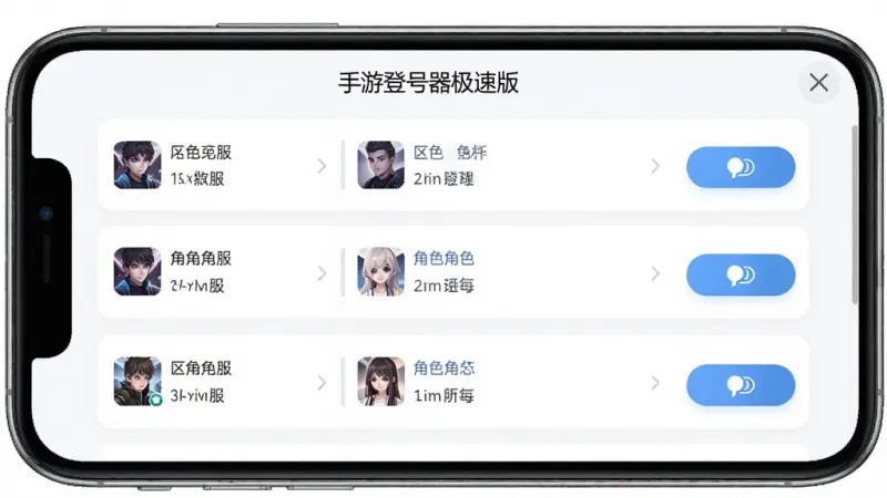 一张展示手游登号器极速版账号管理列表界面的图片,画面主体是手机屏幕,屏幕中央显示“手游登号器极速版”的账号列表,列表中有多个账号卡片,每个卡片上标注了区服和角色昵称,右侧有醒目的切换按钮,布局整齐,风格简约现代,画质干净无多余元素