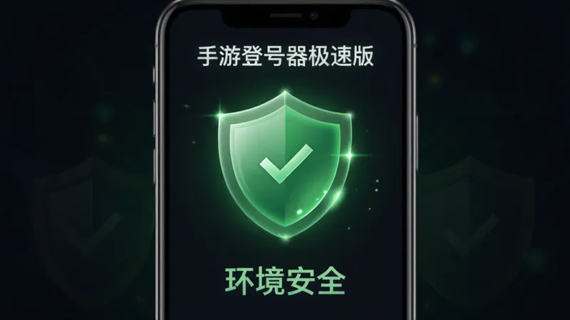 一张展示手游登号器极速版安全检测功能的图片,画面主体是手机屏幕,屏幕中央显示“手游登号器极速版”的安全检测盾牌图标,盾牌呈现绿色光泽,下方有“环境安全”的文字提示,背景是深色,风格安全可靠,画质清晰无多余元素