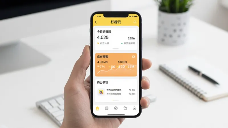 一张展示柠檬云进销存手机端主界面的图片,画面中央是一部手持智能手机,屏幕显示柠檬云进销存的仪表盘,上面有今日销售额、库存预警和待办事项卡片,背景是干净整洁的办公桌面,风格现代简约,细节清晰,画质干净无多余元素
