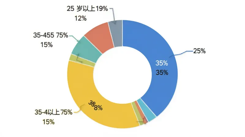 柠檬云进销存用户年龄分布饼状图,画面中央是一个清晰的环形图,不同颜色扇区标注年龄段和百分比,25-35岁占比35%,35-45岁占比38%,45岁以上占比15%,25岁以下占比12%,风格简洁商务,画质干净,无多余装饰