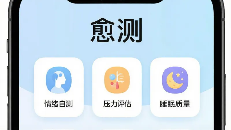 一张手机屏幕展示着愈测App的主界面，界面顶部有「愈测」两个大字，中间是几个圆润的测评卡片图标，分别标注着「情绪自测」「压力评估」「睡眠质量」，背景是柔和的淡蓝色渐变，整体风格干净清爽，扁平化设计，画质清晰无多余元素