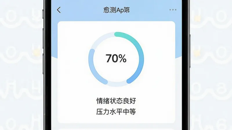 一张手机界面截图，展示愈测App的测评报告页面，页面中央有一个圆环状的分数指示图，下方用简洁的文字标注着「情绪状态良好」「压力水平中等」等参考结论，界面配色以淡蓝和白色为主，排版干净整洁，画质清晰，无多余装饰元素