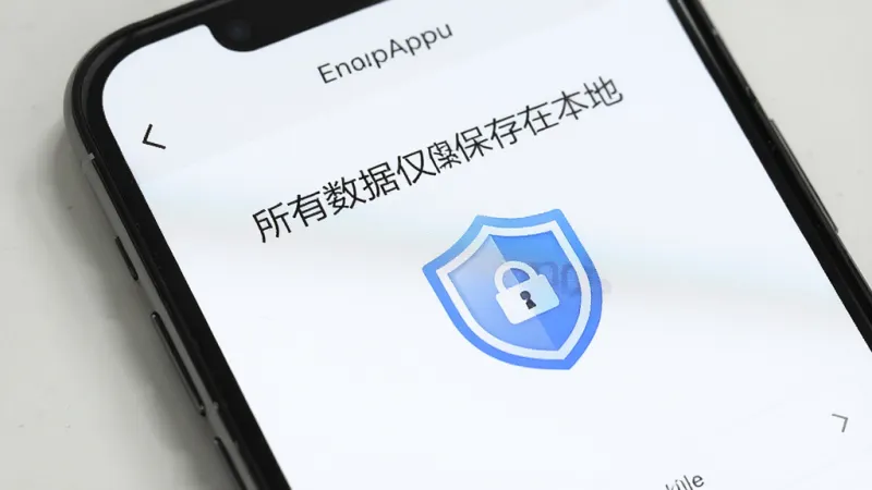 一部手机屏幕显示愈测App的隐私说明页面，页面上用简洁的文字写着「所有数据仅保存在本地」，旁边有一个盾牌形状的图标，背景是干净的白色，整体风格简洁明了，画质清晰，无多余元素