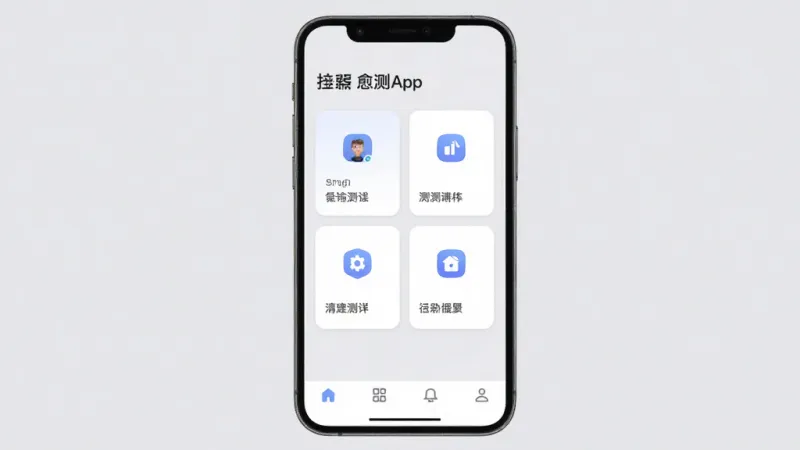 手机屏幕展示愈测App的首页界面，页面上只有几个测评入口卡片和底部导航栏，没有任何广告横幅或弹窗，背景是淡雅的浅灰色，整体布局清爽，画质干净，无多余元素