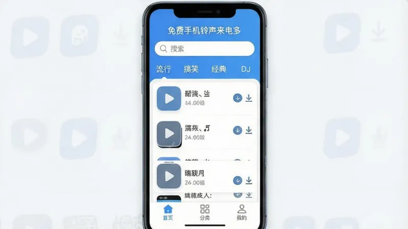免费手机铃声来电多软件主界面全貌展示，画面中央是一部智能手机，屏幕内显示着“免费手机铃声来电多”的App界面，界面顶部是搜索框，下方分类标签清晰可见，如“流行”、“搞笑”、“经典”、“DJ”，中间是铃声列表带有播放按钮和下载箭头，底部导航栏有“首页”、“分类”、“我的”三个图标。整体布局简洁清爽，以蓝白配色为主，风格现代扁平化，图标圆润，画质干净清晰，无多余杂乱元素，光线明亮柔和。