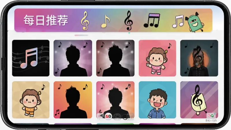 免费手机铃声来电多海量曲库界面，画面展示手机屏幕内呈现瀑布流式的铃声专辑封面墙，封面风格多样，有音乐符号、明星剪影、卡通图案等，顶部有“每日推荐”横幅，界面色彩丰富但排列有序，风格活泼年轻，画质清晰，无杂乱广告元素。