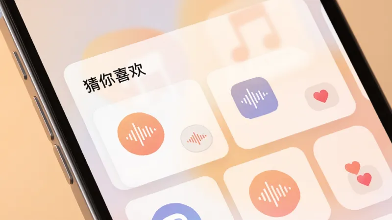 免费手机铃声来电多个性化推荐功能展示，画面为手机屏幕特写，屏幕内显示“猜你喜欢”模块，下方排列着带有波形图标的铃声卡片，旁边有爱心收藏按钮，背景是柔和的渐变色，风格温馨现代，布局错落有致，画质细腻干净，无多余文字干扰。