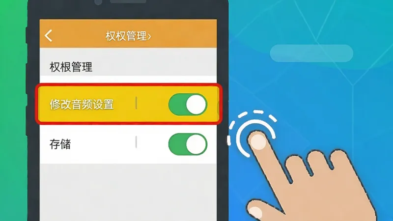 免费手机铃声来电多设置权限操作示意图，画面中一部手机屏幕显示设置界面的权限管理页，高亮标注“修改音频设置”和“存储”两个权限开关，旁边有手指点击的图标示意，风格为扁平化教学图解，色彩对比鲜明，画质清晰，无杂乱背景。