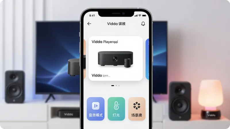 一张展示Vidda玩家App核心界面的图片，主体是手机屏幕显示Vidda玩家App主界面，布局中间是已连接的Vidda音响设备卡片，下方排列着音效模式、灯光控制、场景切换等功能按钮，手机周围环绕着Vidda电视、音响和氛围灯等设备，风格科技感十足且简洁明快，细节上按钮图标圆润清晰，画质干净明亮，无多余元素。