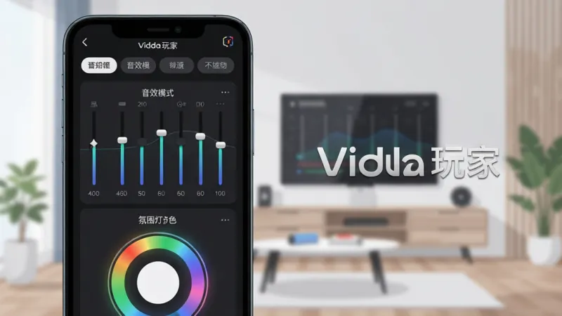 一张Vidda玩家App音效调节界面的图片，主体是手机屏幕展示均衡器调节面板，布局上方是音效模式选项卡，中间是频段调节滑块，下方是氛围灯颜色选择圆盘，背景是客厅场景，风格现代扁平，细节上滑块和圆盘带有轻微光效，画质干净无多余元素，图片中文字标注“Vidda玩家”。