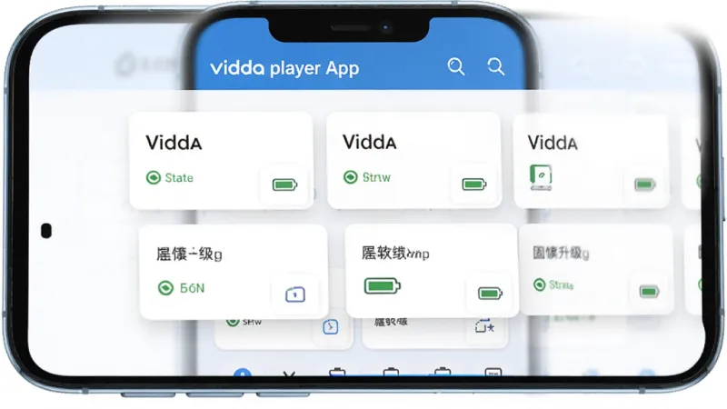 一张展示Vidda玩家App设备管理界面的图片，主体是手机屏幕显示设备列表，布局上方是标题栏，中间是多个Vidda设备卡片，每个卡片显示设备名称、连接状态和电量图标，下方是固件升级按钮，风格简洁清晰，细节上卡片带有轻微阴影，画质干净明亮，无多余元素。