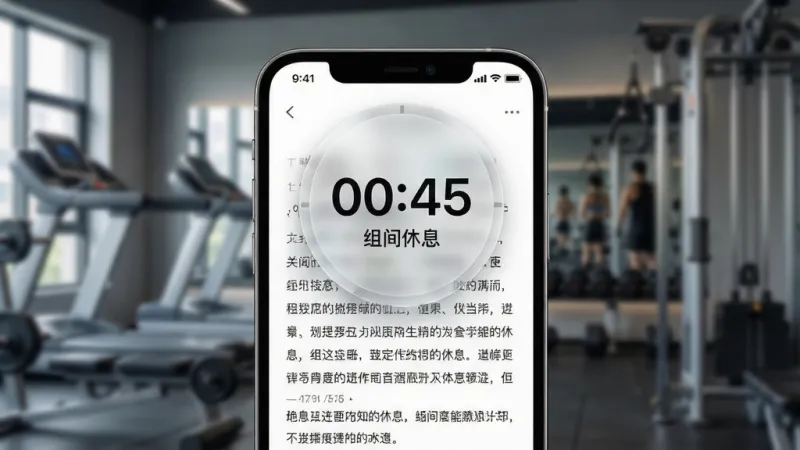 FitRead应用界面展示，主体是手机屏幕特写，屏幕上显示一篇文字排版舒适的文章，文章上方悬浮着一个半透明的圆形计时器，上面显示“00:45”和“组间休息”字样。布局为手机居中，背景是健身房模糊的器械作为衬托。排版突出了悬浮窗的科技感与阅读界面的融合。风格是运动科技风，细节上体现计时器的磨砂玻璃质感和文字边缘的锐利度。画质清晰，干净，无多余元素。