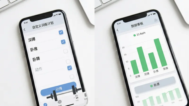 FitRead应用功能展示图，画面分为左右两部分。左边是手机屏幕显示自定义训练计划创建界面，有“深蹲”、“卧推”等动作列表和勾选框；右边是另一个手机屏幕显示数据看板，有简单的绿色柱状图。布局采用左右对比排列，背景是干净的白色桌面。排版强调界面的简洁和逻辑清晰。风格是扁平化商务风，细节上体现图表的清晰度和按钮的微质感。画质清晰，干净，无多余元素。