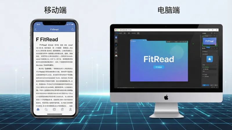 一张信息图，展示FitRead在手机和电脑模拟器上的使用场景。左侧是手机竖屏显示阅读界面，右侧是电脑屏幕显示模拟器运行FitRead的横屏界面。布局为左右对比，背景是带有科技感的网格线条。排版上标注了“移动端”和“电脑端”的小字。风格是数码测评风，细节上体现屏幕的边框和设备的质感。画质清晰，干净，无多余元素。