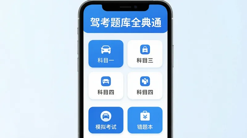 手机屏幕竖版展示驾考题库全典通主界面，顶部醒目显示“驾考题库全典通”文字标识，中间是科目一至科目四的卡片式选择区域，下方有模拟考试和错题本快捷入口，整体以蓝白配色为主，界面简洁干净，图标圆润扁平化，背景为浅色渐变，画质清晰无多余元素