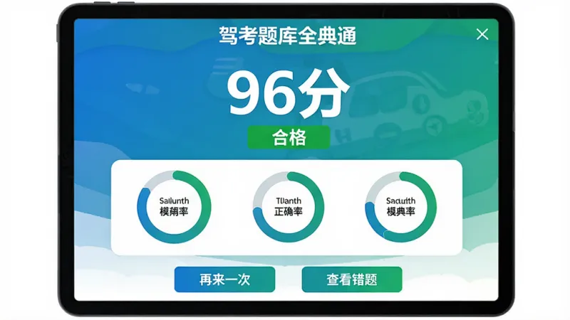 驾考题库全典通模拟考试成绩单界面，屏幕显示分数大字“96分”和“合格”标识，下方有各科目正确率环形图，底部有“再来一次”和“查看错题”按钮，顶部有“驾考题库全典通”字样，界面整洁，蓝绿配色，画质清晰