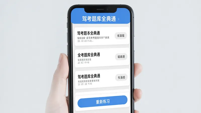 驾考题库全典通手机端错题本界面，屏幕显示错题列表和“重新练习”按钮，顶部有“驾考题库全典通”文字，界面采用卡片式布局，背景浅灰，文字清晰，蓝白配色，画质干净