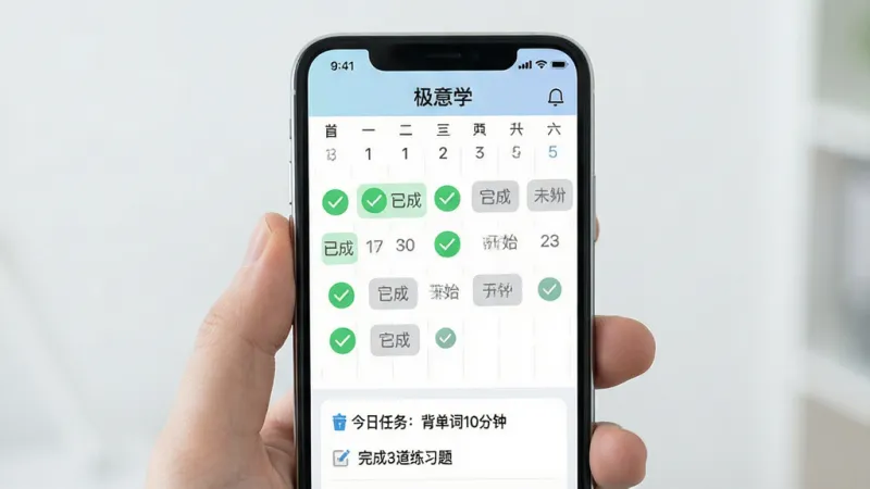 手机屏幕展示“极意学”学习计划界面，日历视图标注了每日任务完成情况，绿色勾选表示已完成，灰色表示未开始，下方有“今日任务：背单词10分钟”“完成3道练习题”等条目，界面配色柔和，布局规整，画质干净无杂乱元素