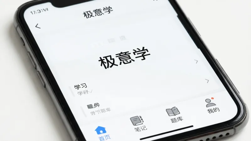 手机屏幕特写展示“极意学”应用界面，画面中央是干净的学习主页，没有任何广告横幅或弹窗，顶部状态栏显示时间，底部有“首页”“笔记”“题库”“我的”四个图标，背景纯白，风格极简，画质锐利干净